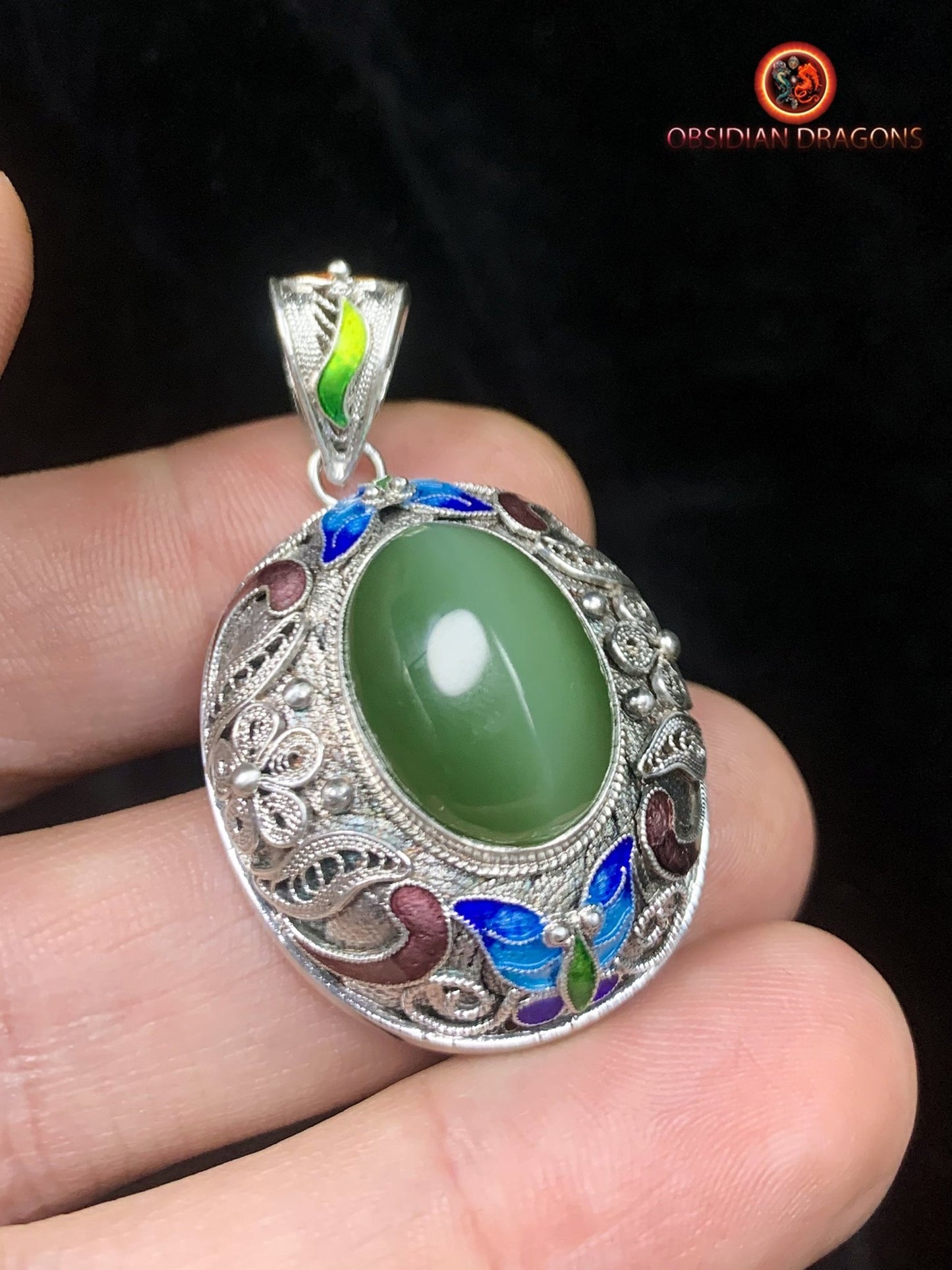 Pendentif en Jade oeil de chat et argent- Dynastie Qing | obsidian dragons