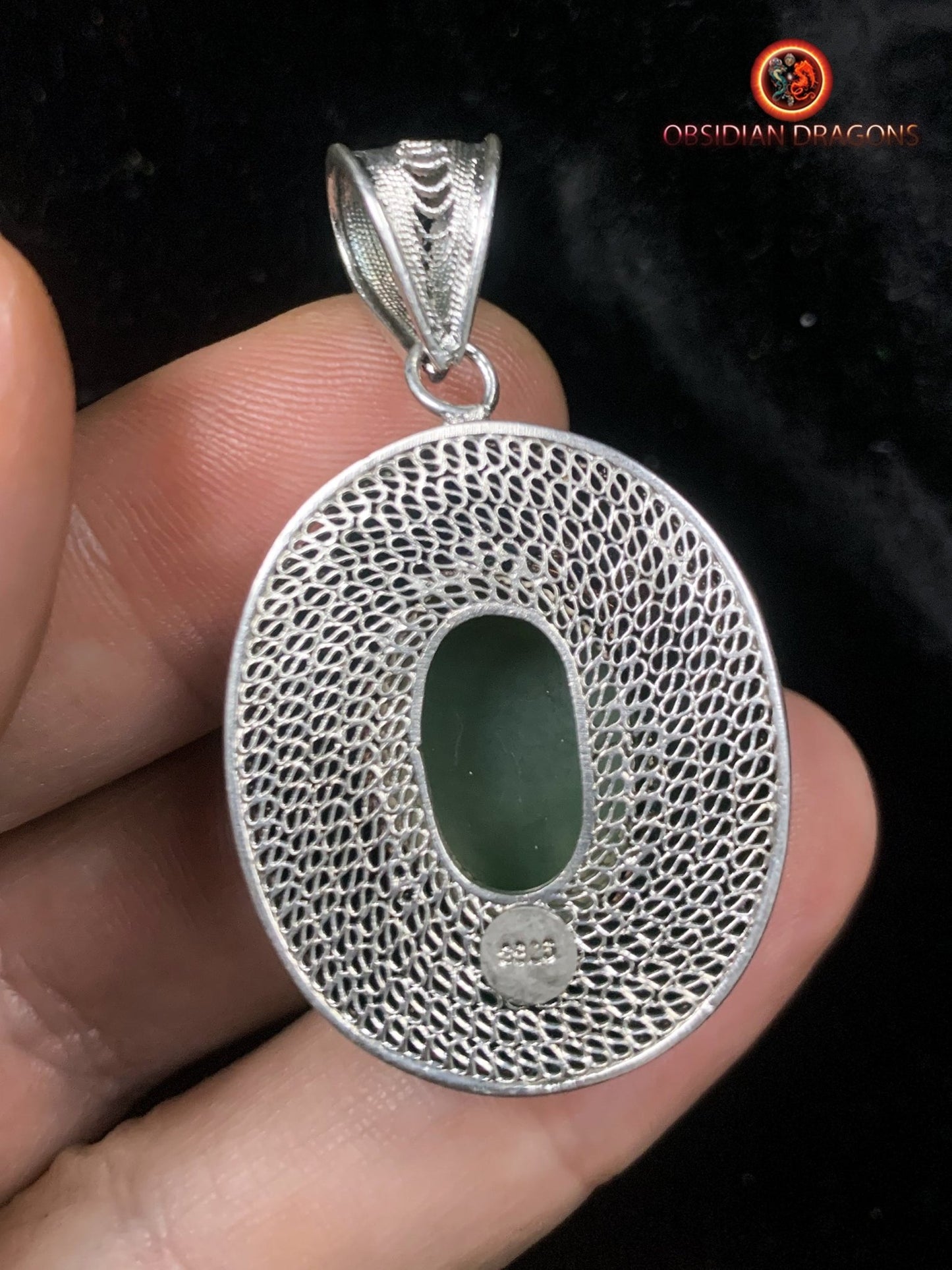 Pendentif en Jade effet oeil de chat et argent- Traditionnel | obsidian dragons