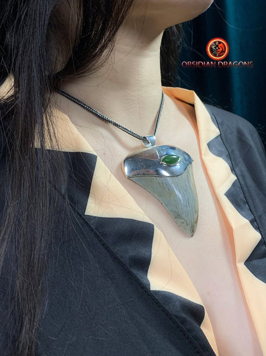 Pendentif Dent de Mégalodon - Jade Polaire - Argent 925