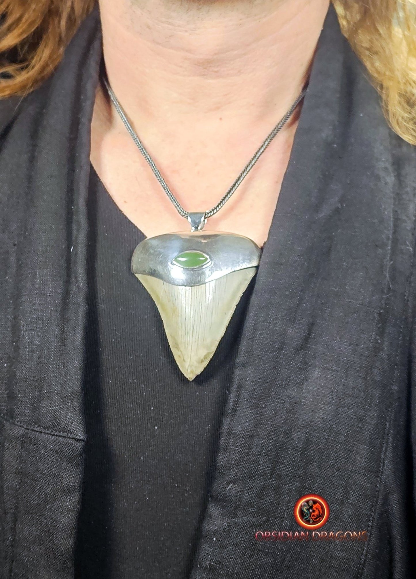 Pendentif Dent de Mégalodon - Jade Polaire - Argent 925