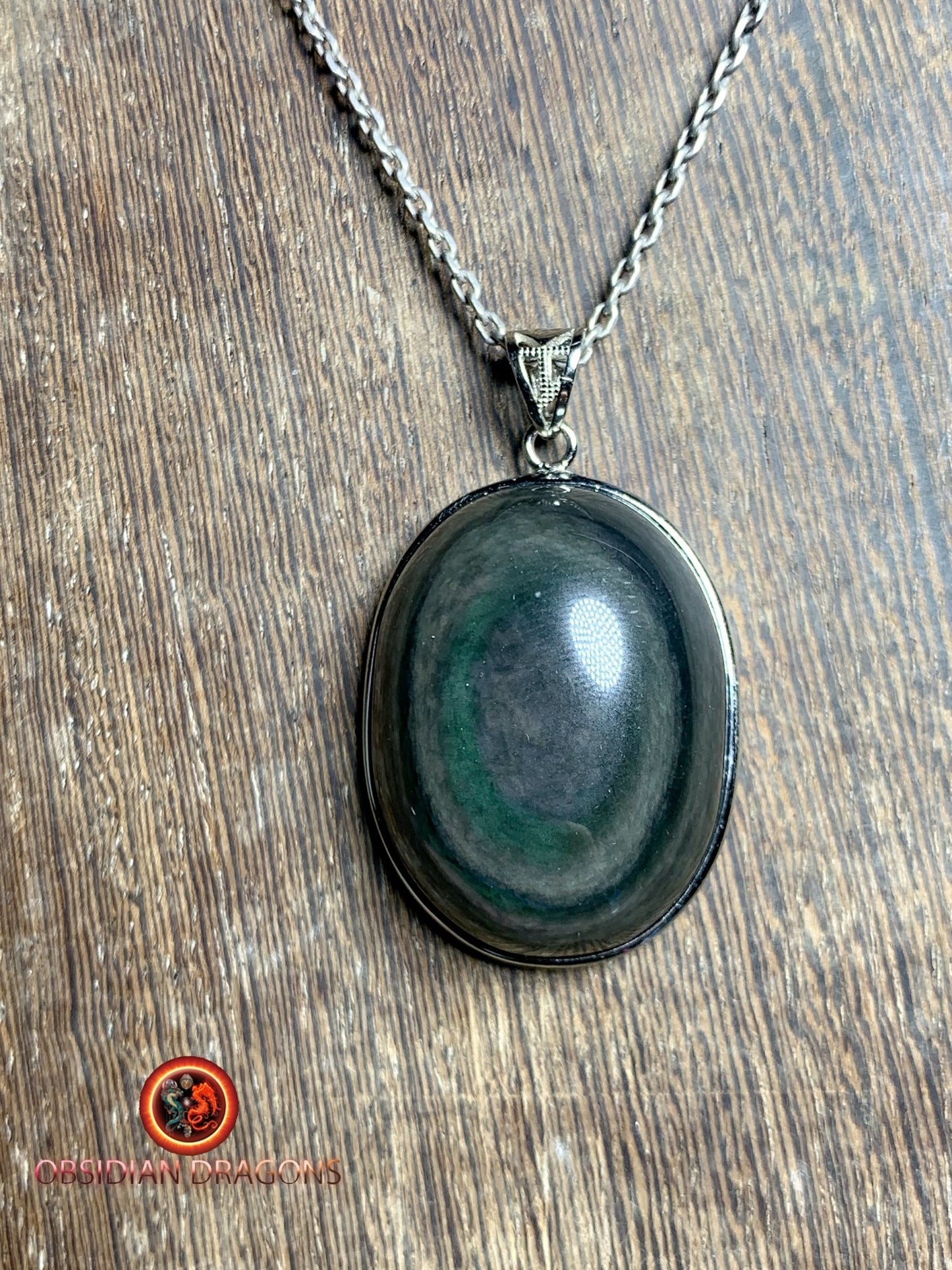 Pendentif, obsidienne oeil celeste naturelle, sertie en argent 925, pièce unique - obsidian dragon