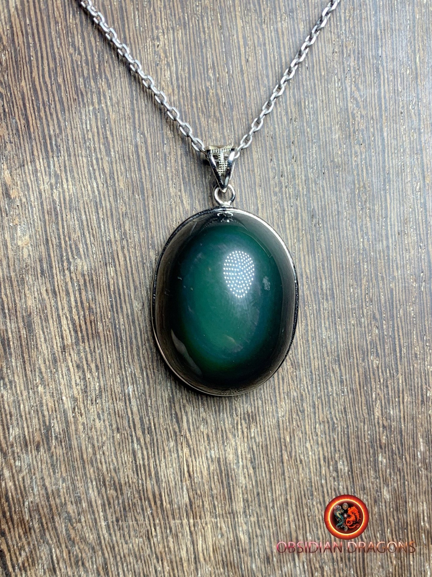 Pendentif, obsidienne oeil celeste naturelle, sertie en argent 925, pièce unique - obsidian dragon