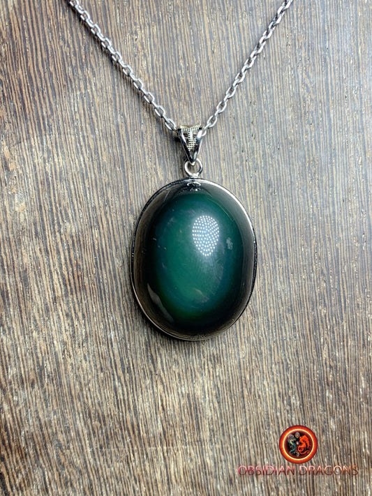 Pendentif, obsidienne oeil celeste naturelle, sertie en argent 925, pièce unique - obsidian dragon