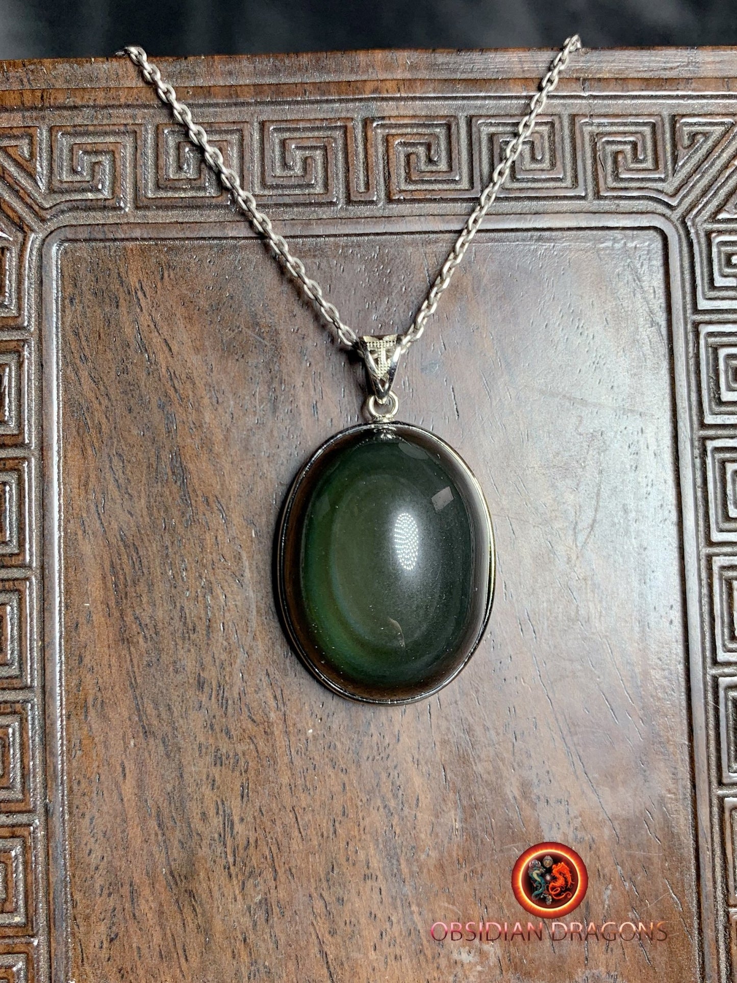 Pendentif, obsidienne oeil celeste naturelle, sertie en argent 925, pièce unique - obsidian dragon