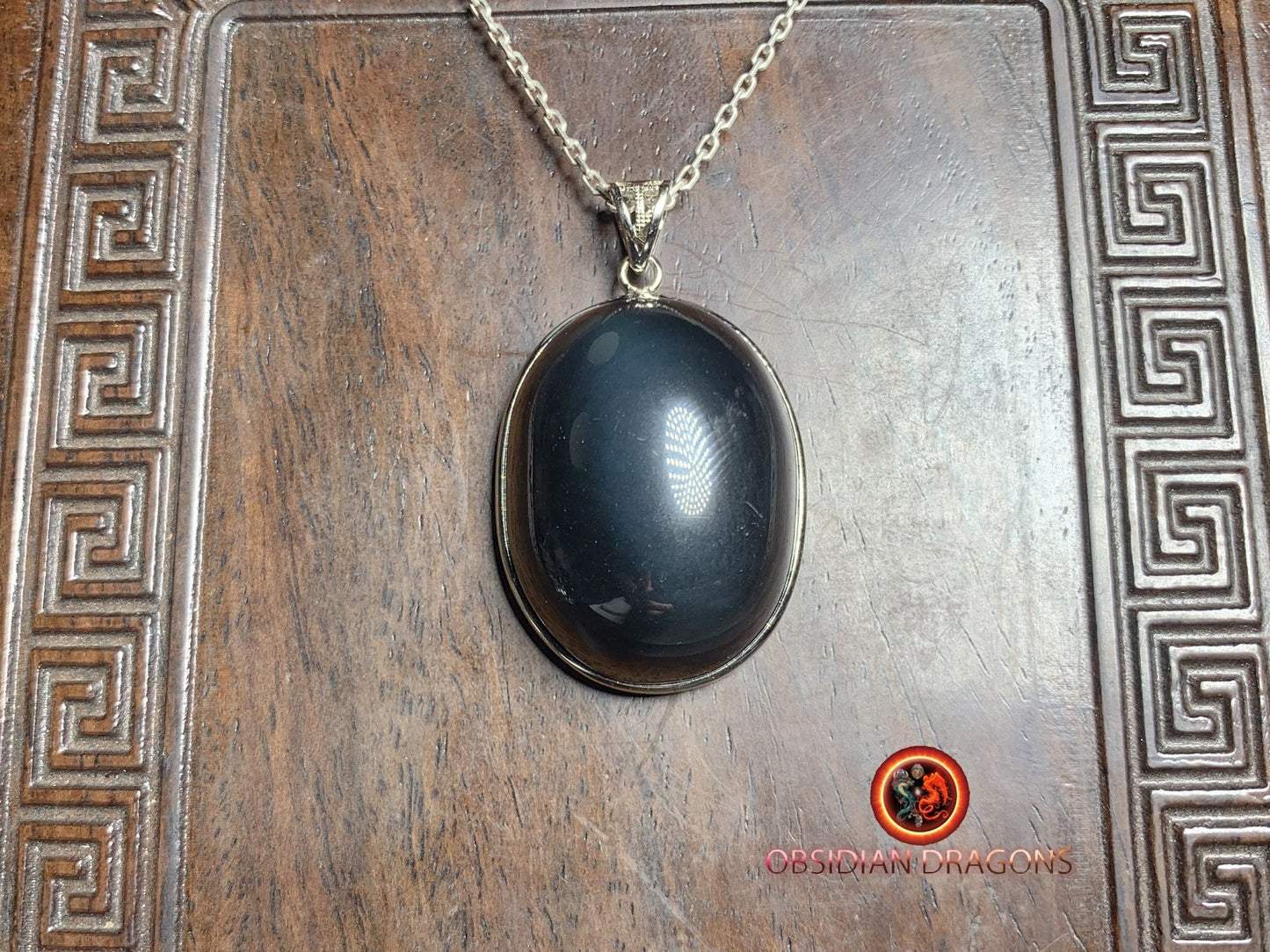 Pendentif, obsidienne oeil celeste naturelle, sertie en argent 925, pièce unique - obsidian dragon