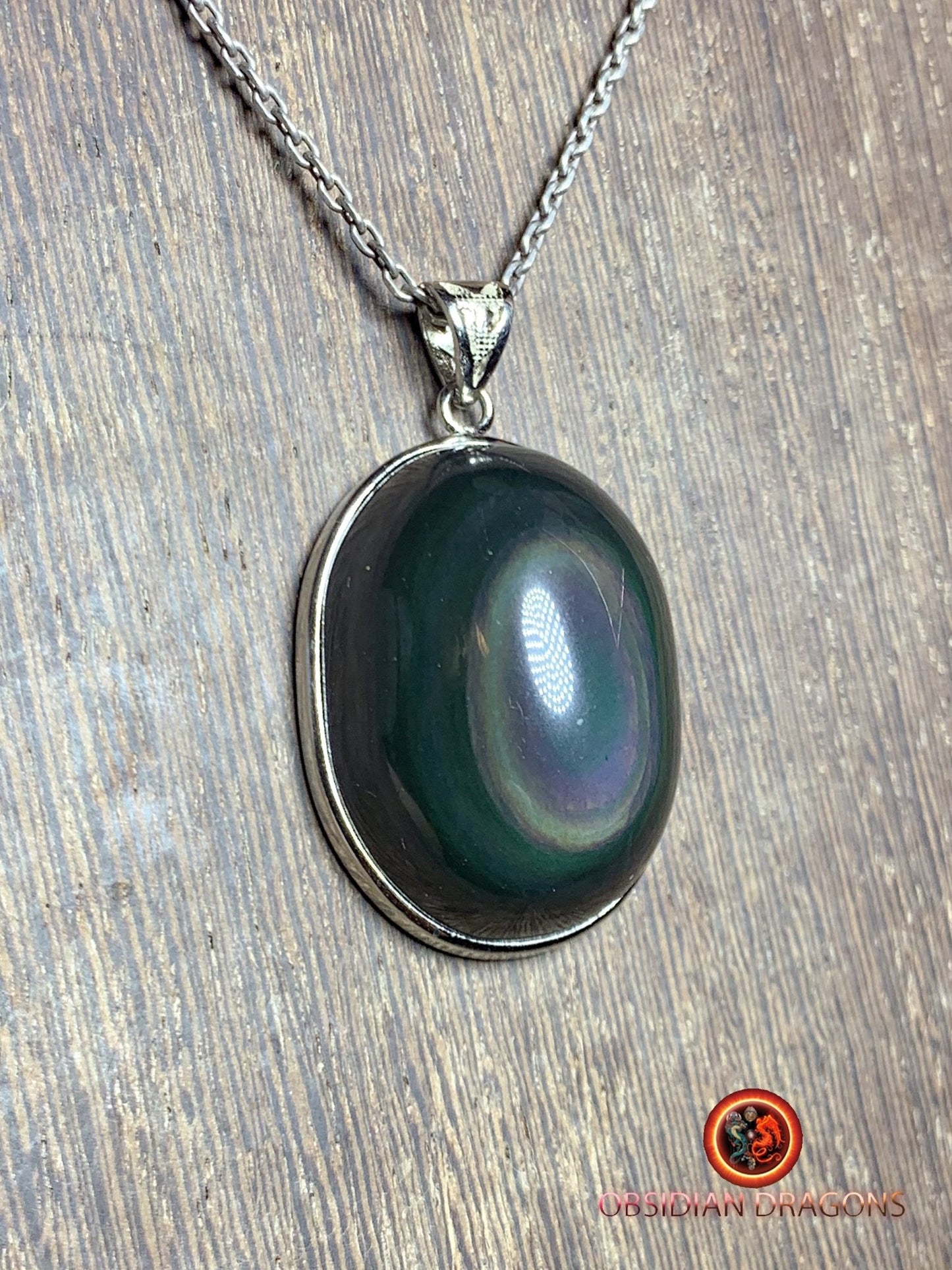 Pendentif, obsidienne oeil celeste naturelle, sertie en argent 925, pièce unique - obsidian dragon