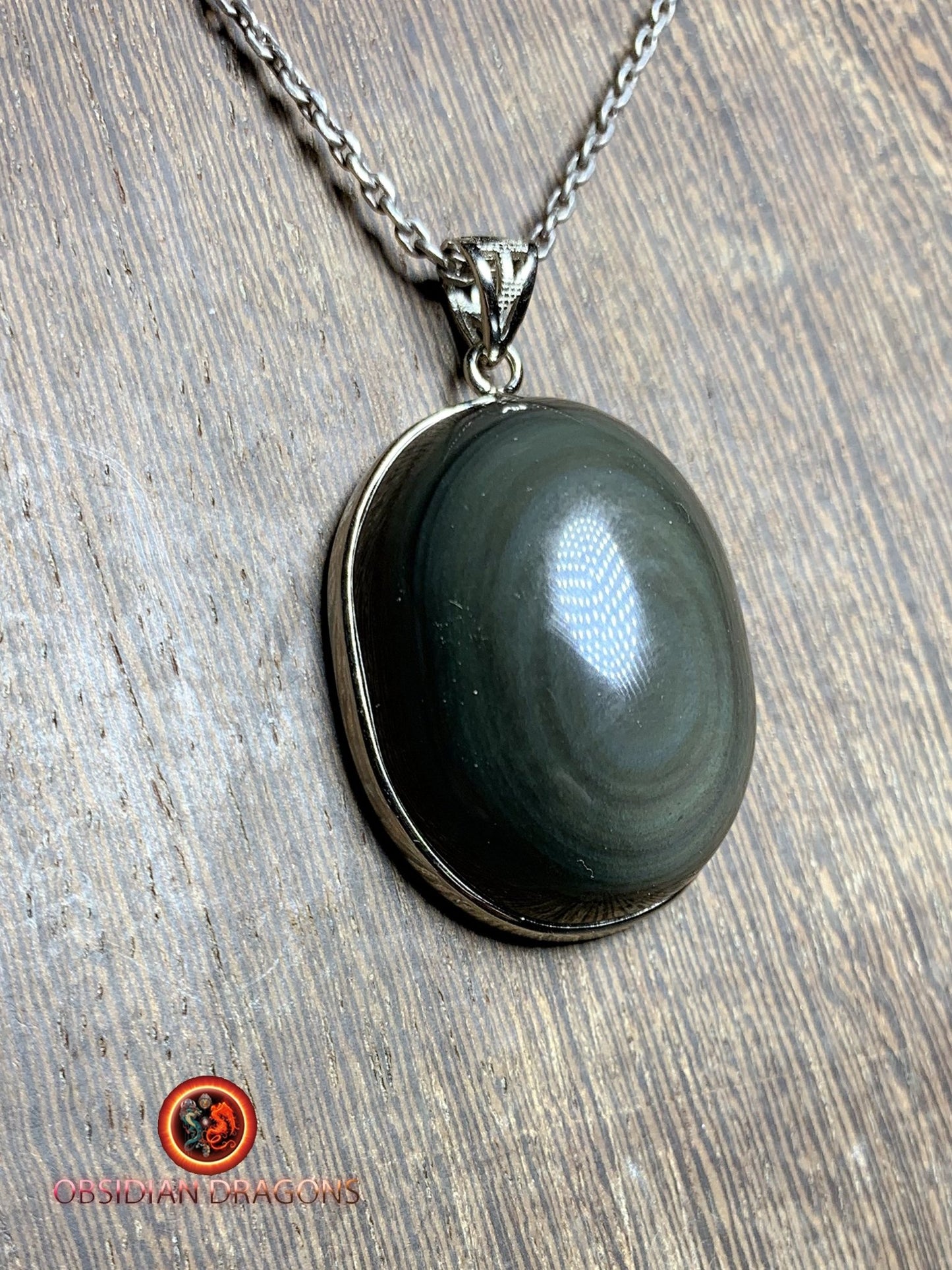 Pendentif, obsidienne oeil celeste naturelle, sertie en argent 925, pièce unique - obsidian dragon