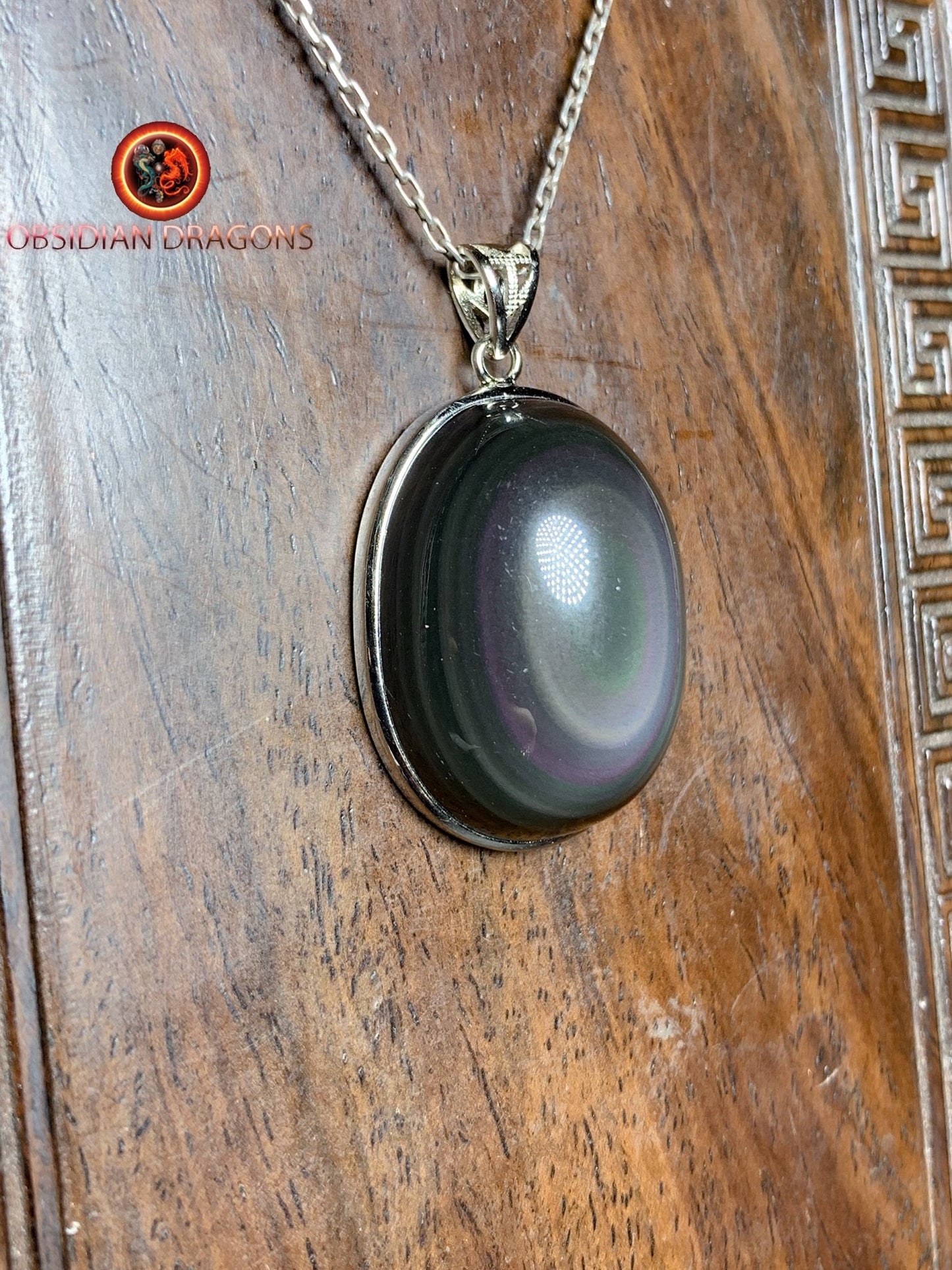 Pendentif, obsidienne oeil celeste naturelle, sertie en argent 925, pièce unique - obsidian dragon
