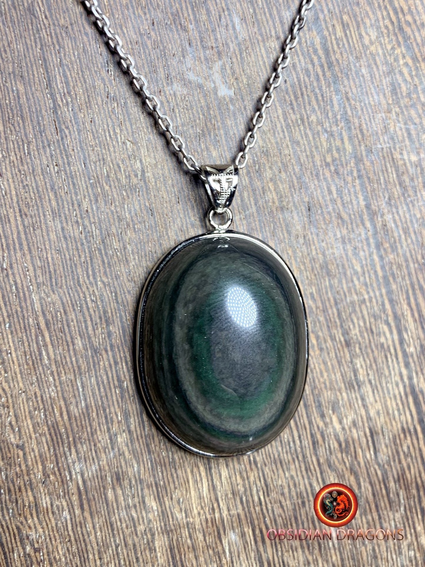 Pendentif, obsidienne oeil celeste naturelle, sertie en argent 925, pièce unique - obsidian dragon