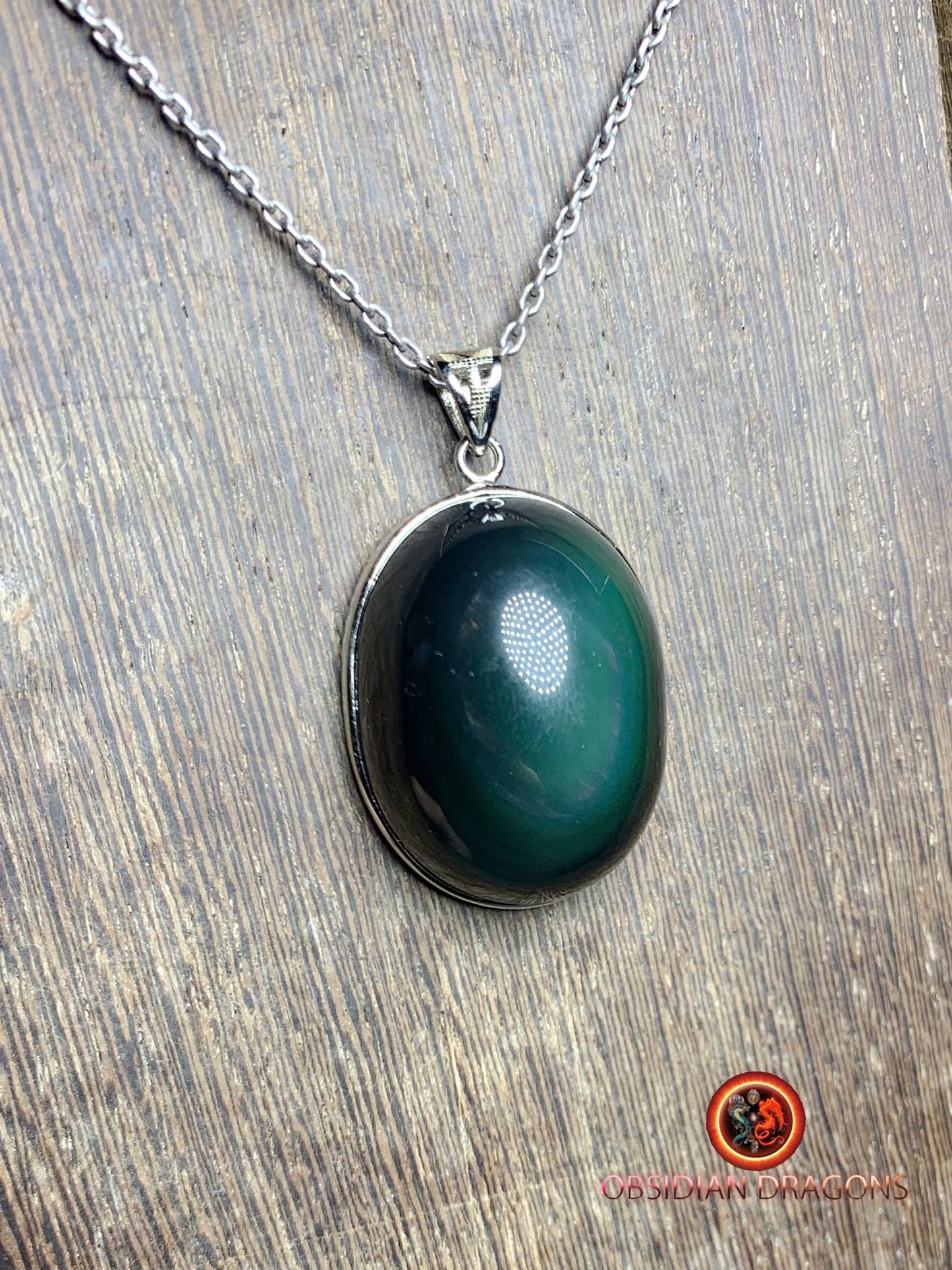 Pendentif, obsidienne oeil celeste naturelle, sertie en argent 925, pièce unique - obsidian dragon