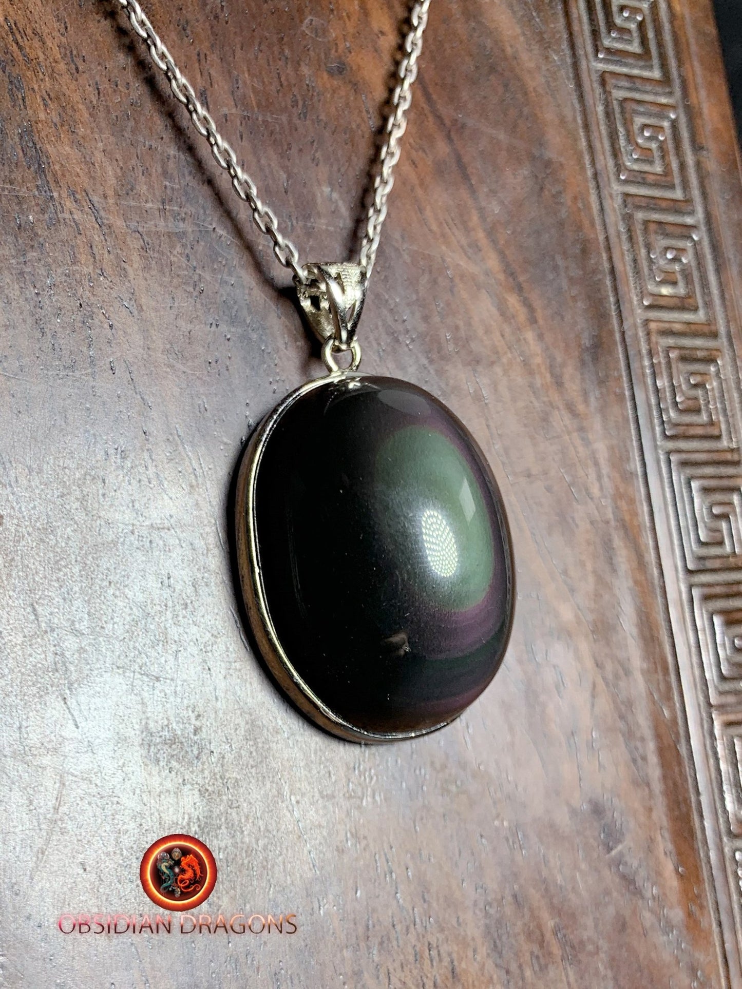 Pendentif, obsidienne oeil celeste naturelle, sertie en argent 925, pièce unique - obsidian dragon