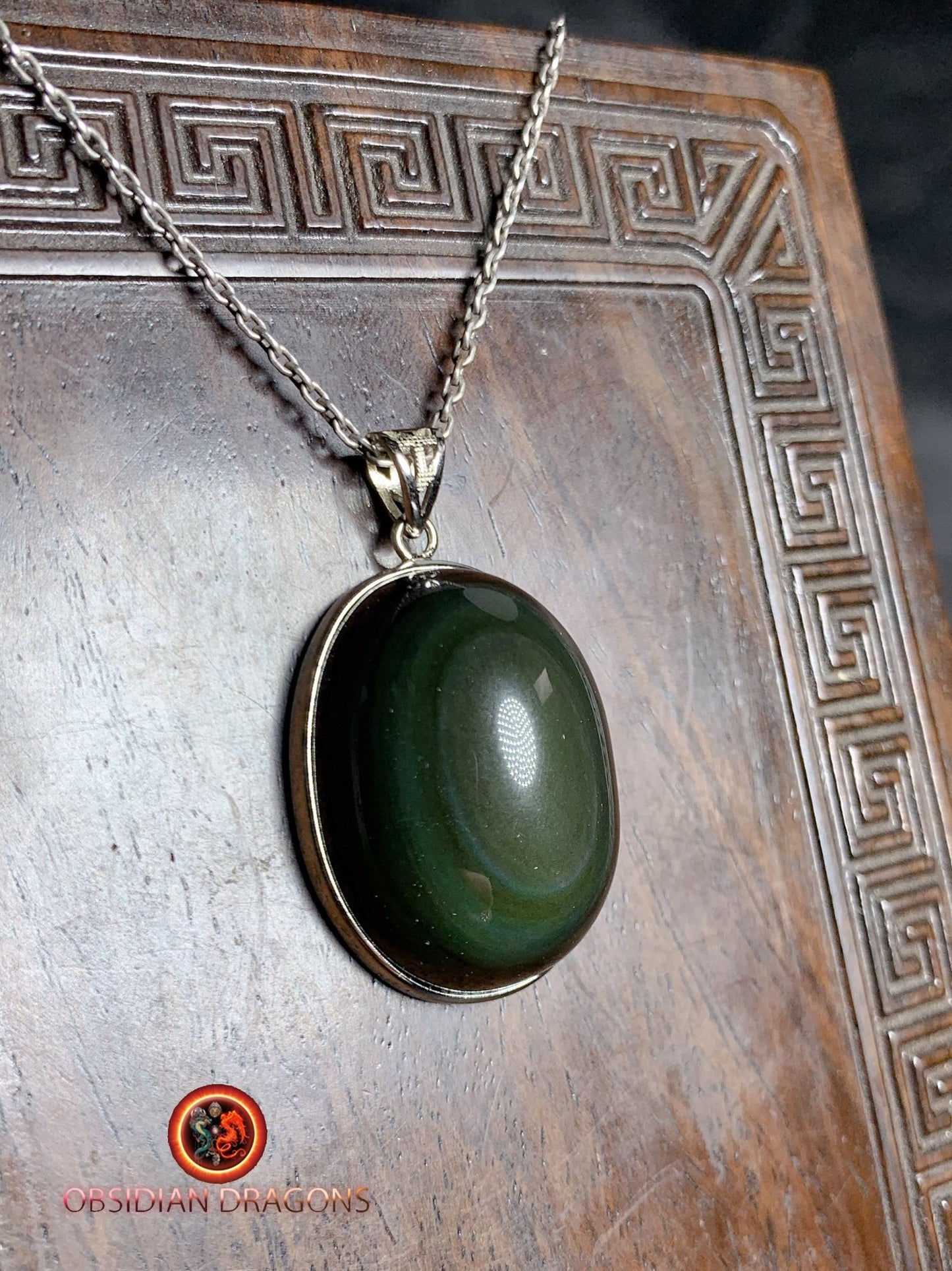 Pendentif, obsidienne oeil celeste naturelle, sertie en argent 925, pièce unique - obsidian dragon