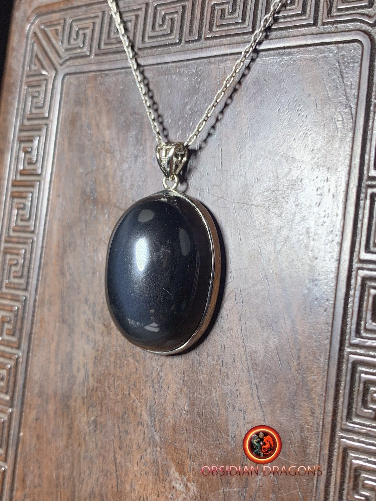 Pendentif, obsidienne oeil celeste naturelle, sertie en argent 925, pièce unique - obsidian dragon