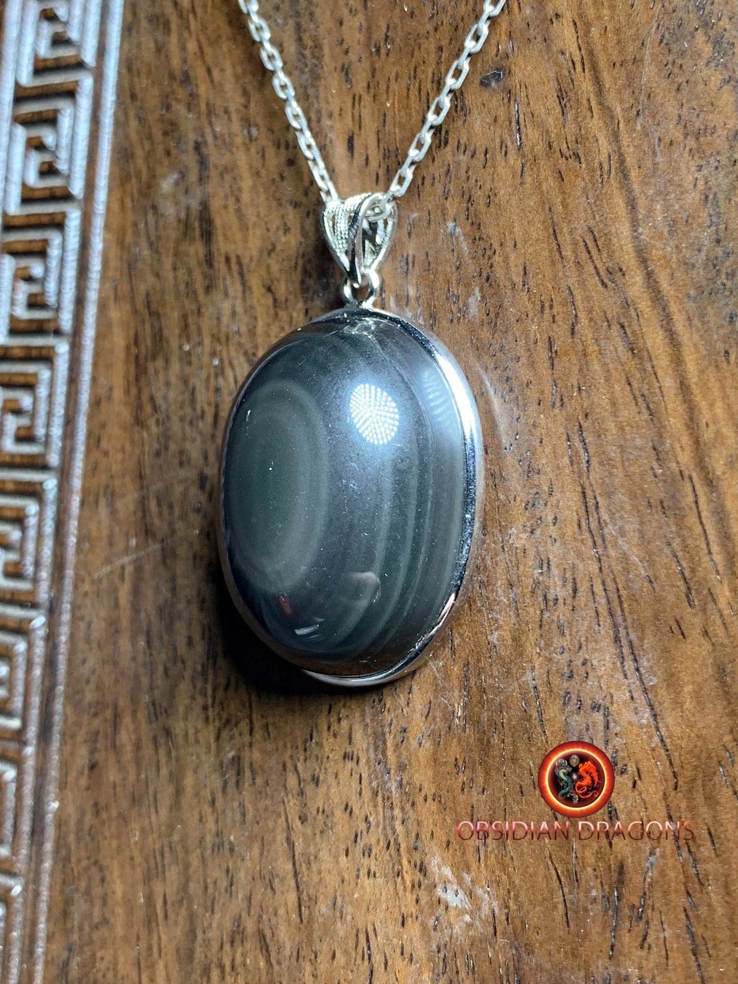 Pendentif, obsidienne oeil celeste naturelle, sertie en argent 925, pièce unique - obsidian dragon