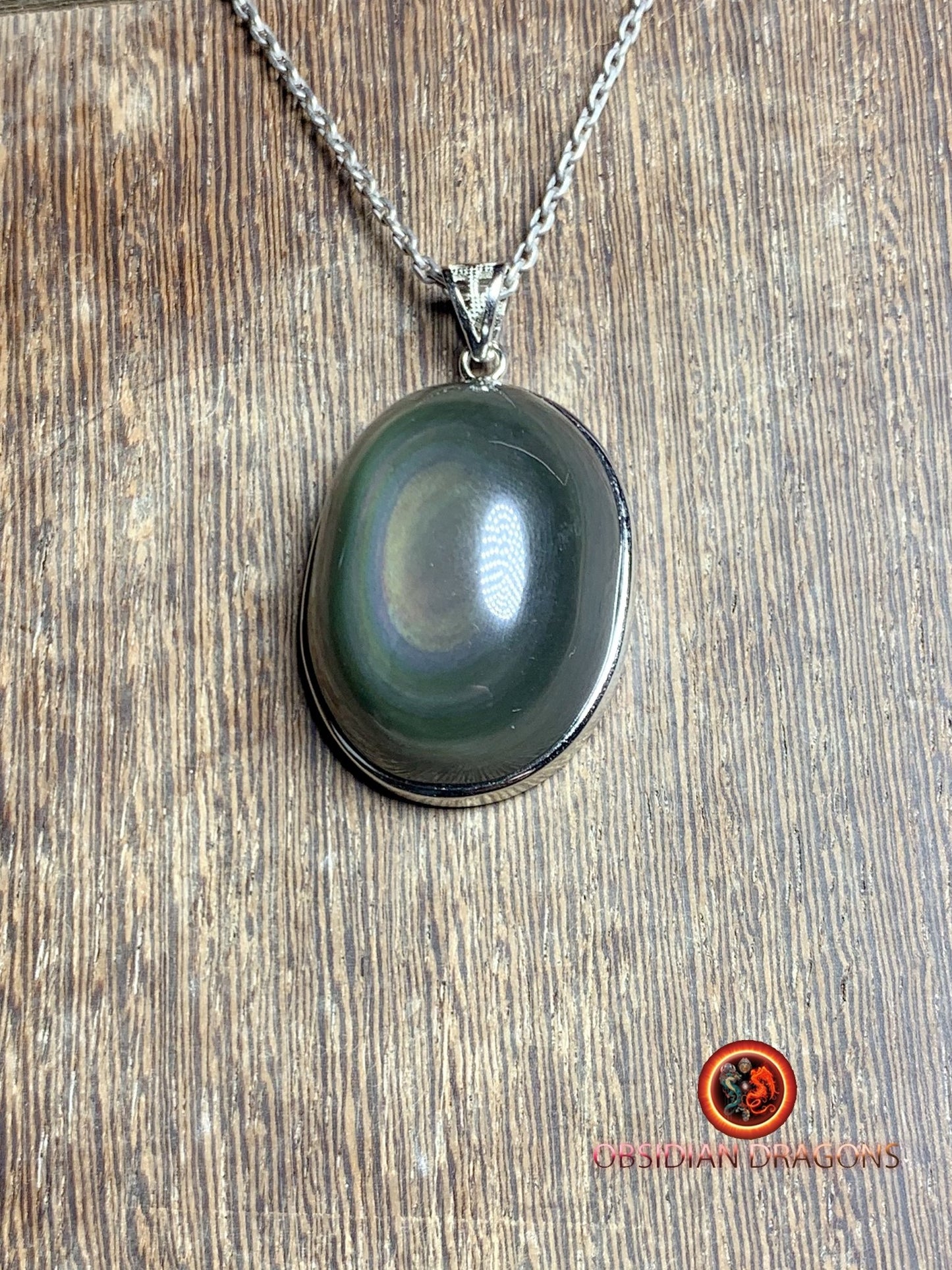 Pendentif, obsidienne oeil celeste naturelle, sertie en argent 925, pièce unique - obsidian dragon