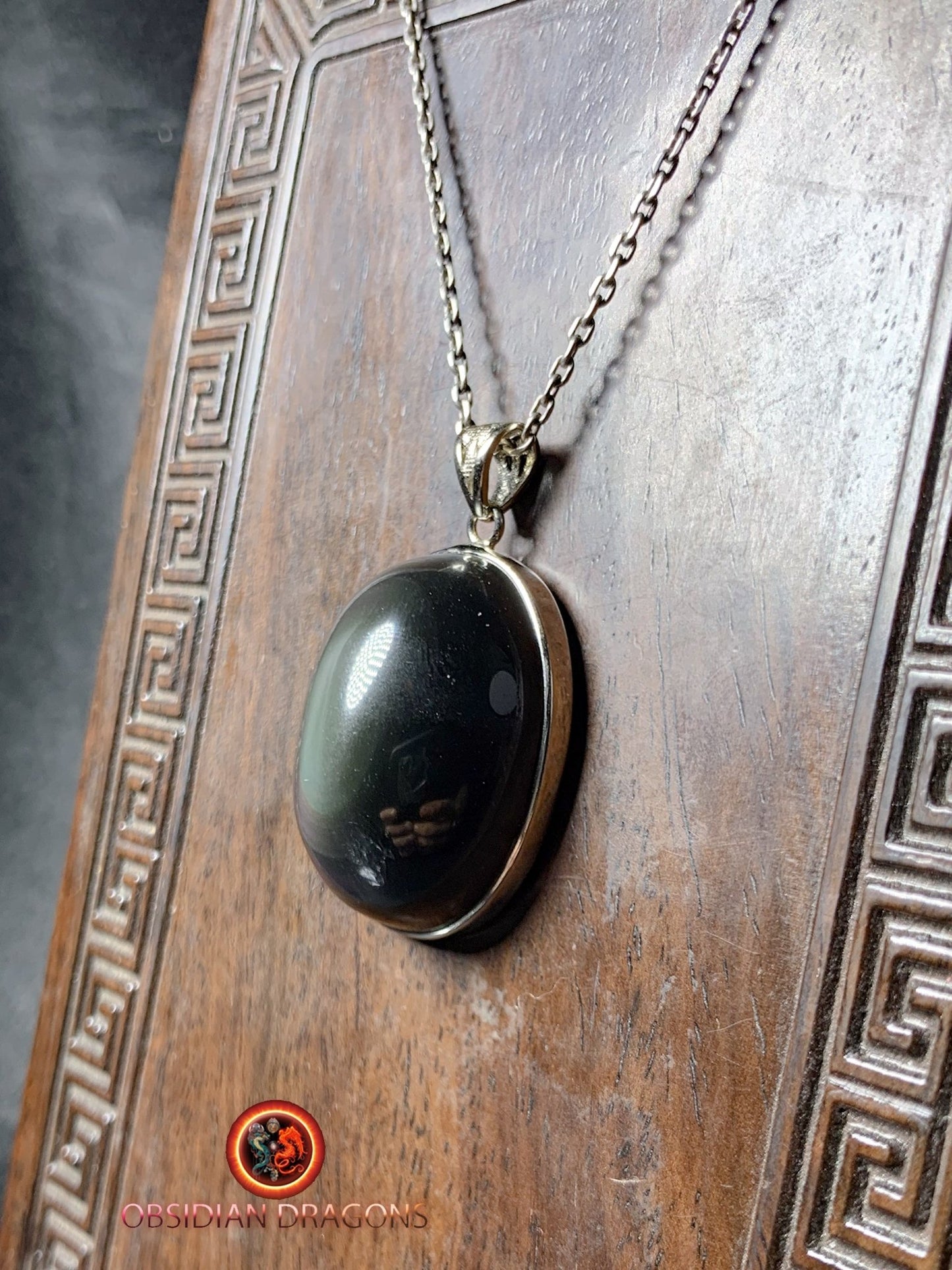 Pendentif, obsidienne oeil celeste naturelle, sertie en argent 925, pièce unique - obsidian dragon