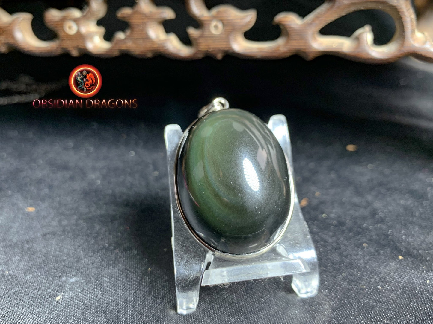 Pendentif, obsidienne oeil celeste naturelle, sertie en argent 925, pièce unique - obsidian dragon