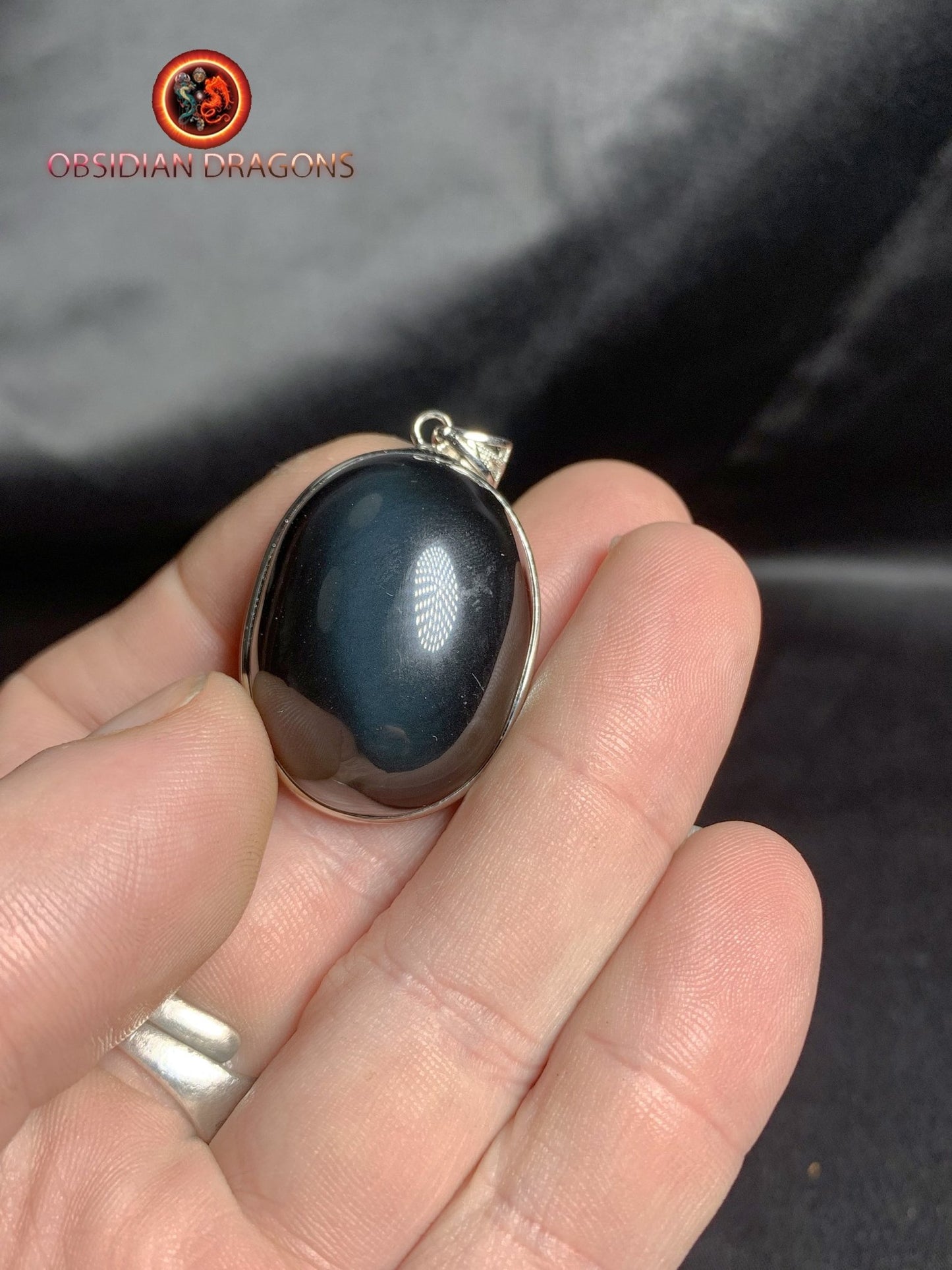 Pendentif, obsidienne oeil celeste naturelle, sertie en argent 925, pièce unique - obsidian dragon