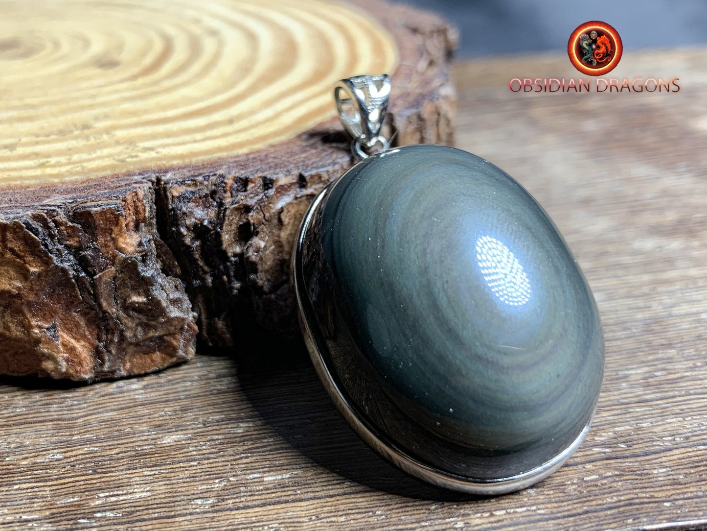 Pendentif, obsidienne oeil celeste naturelle, sertie en argent 925, pièce unique - obsidian dragon