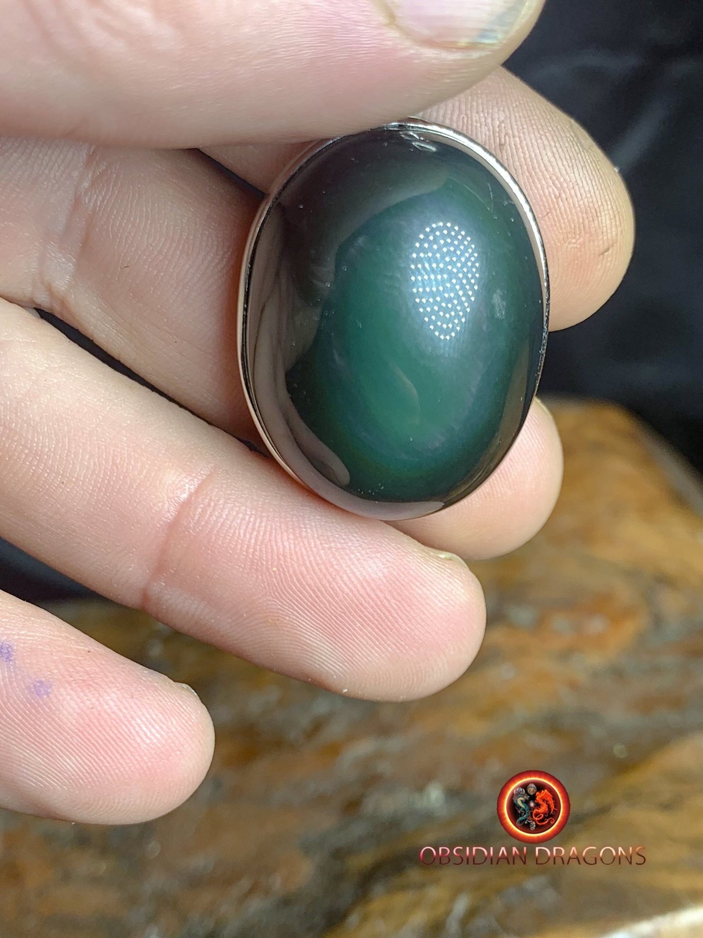 Pendentif, obsidienne oeil celeste naturelle, sertie en argent 925, pièce unique - obsidian dragon