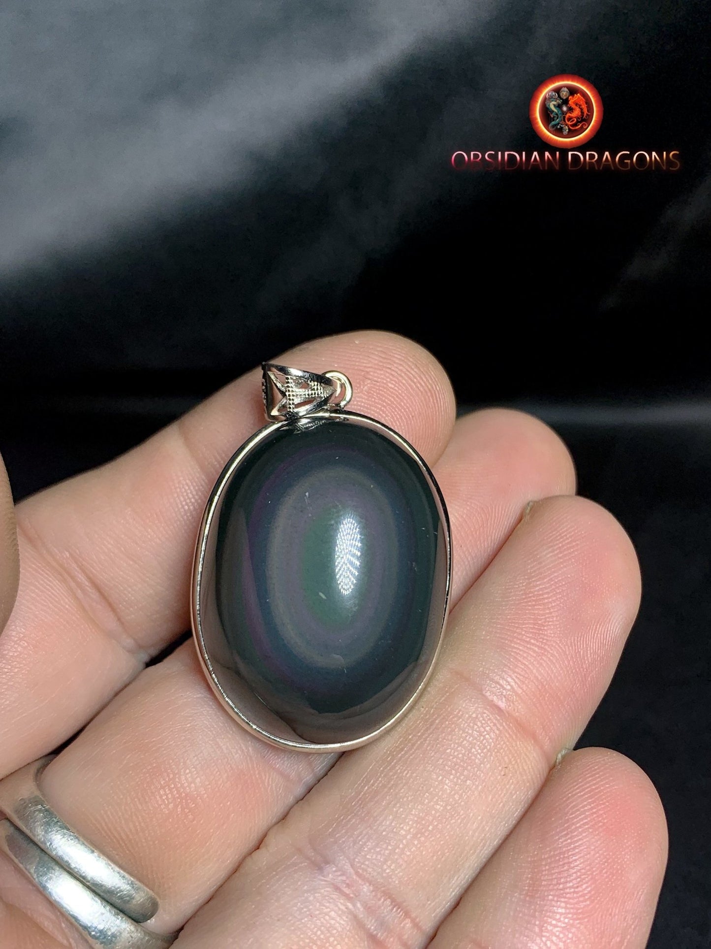 Pendentif, obsidienne oeil celeste naturelle, sertie en argent 925, pièce unique - obsidian dragon