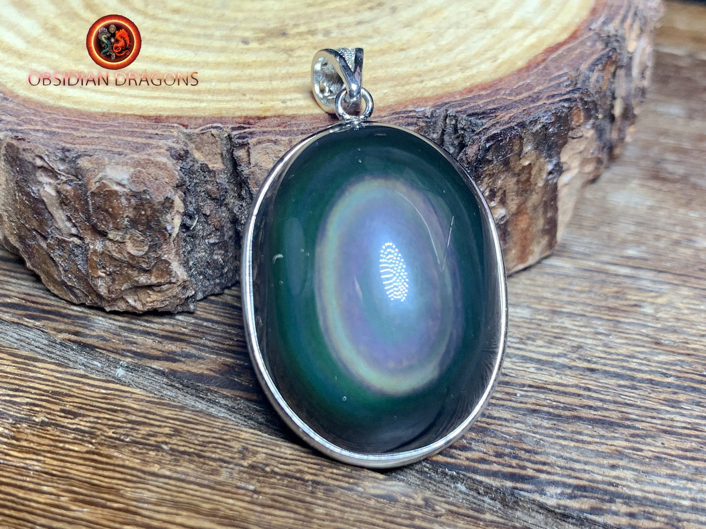 Pendentif, obsidienne oeil celeste naturelle, sertie en argent 925, pièce unique - obsidian dragon