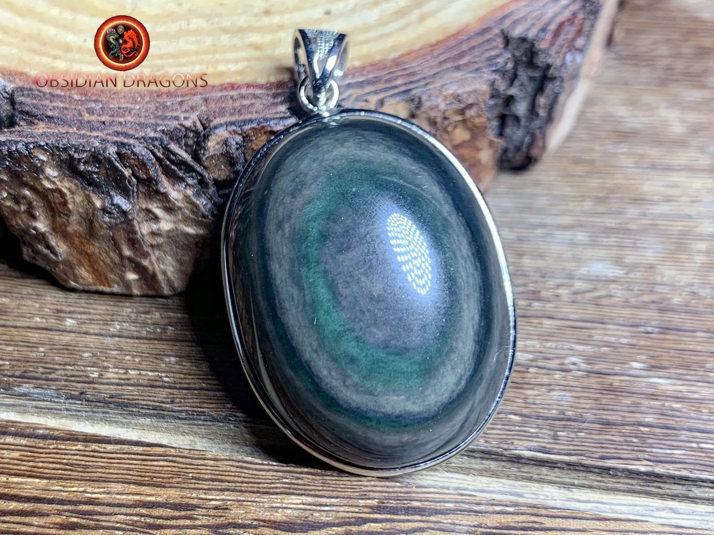 Pendentif, obsidienne oeil celeste naturelle, sertie en argent 925, pièce unique - obsidian dragon