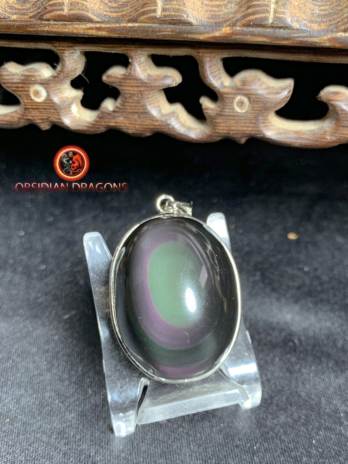 Pendentif, obsidienne oeil celeste naturelle, sertie en argent 925, pièce unique - obsidian dragon