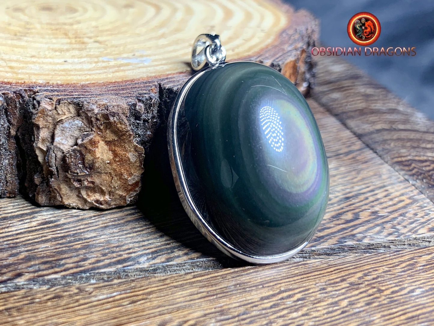 Pendentif, obsidienne oeil celeste naturelle, sertie en argent 925, pièce unique - obsidian dragon