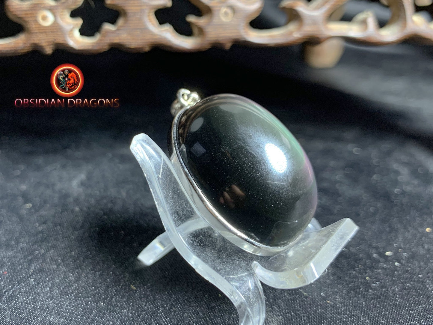 Pendentif, obsidienne oeil celeste naturelle, sertie en argent 925, pièce unique - obsidian dragon