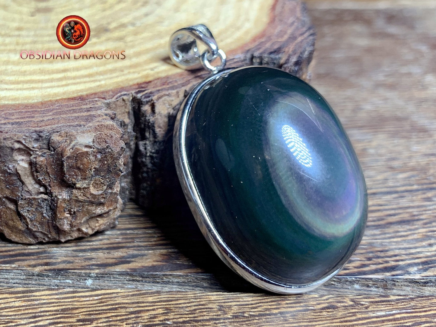 Pendentif, obsidienne oeil celeste naturelle, sertie en argent 925, pièce unique - obsidian dragon