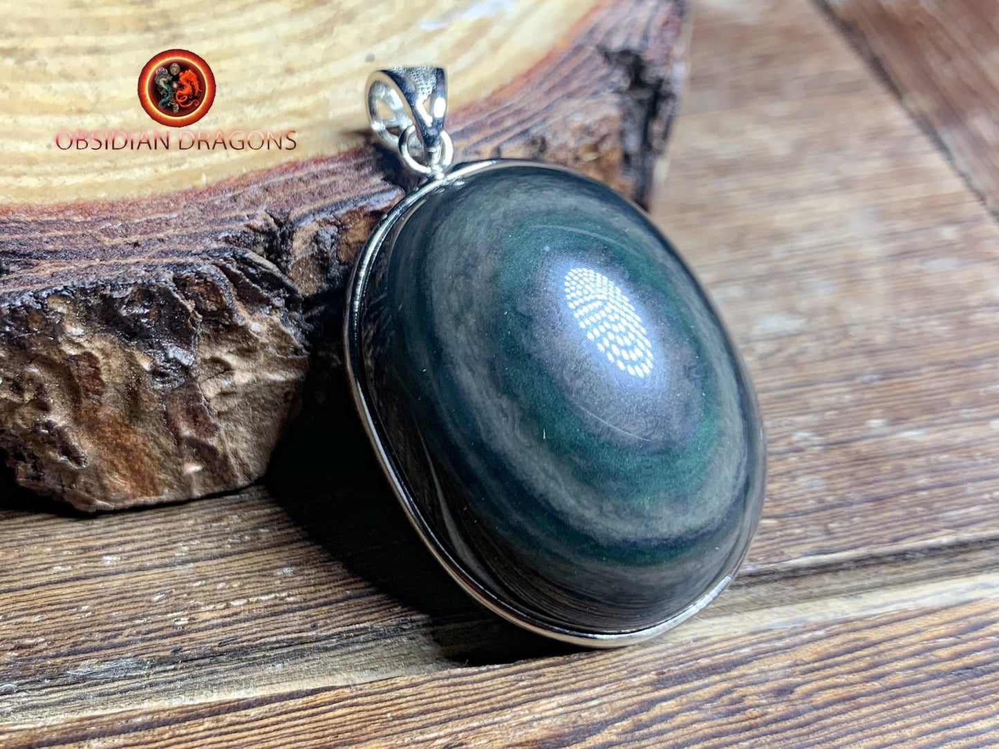 Pendentif, obsidienne oeil celeste naturelle, sertie en argent 925, pièce unique - obsidian dragon