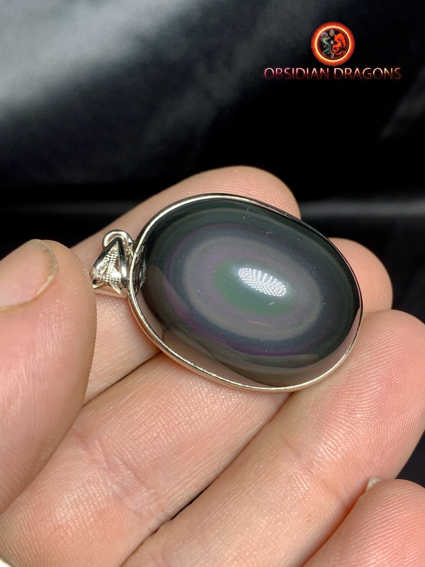 Pendentif, obsidienne oeil celeste naturelle, sertie en argent 925, pièce unique - obsidian dragon