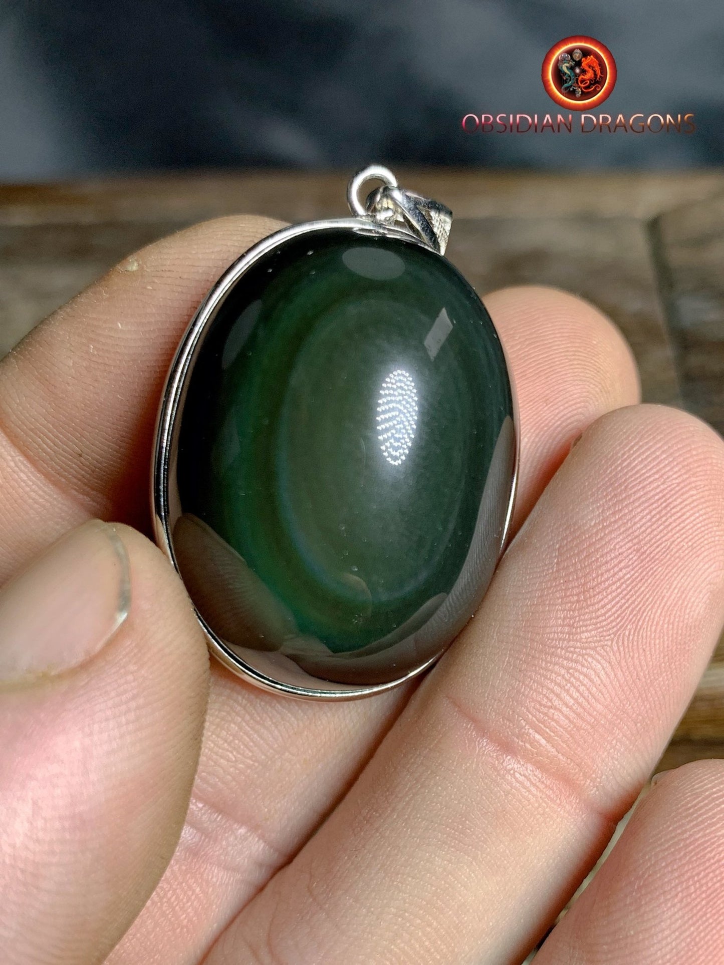 Pendentif, obsidienne oeil celeste naturelle, sertie en argent 925, pièce unique - obsidian dragon
