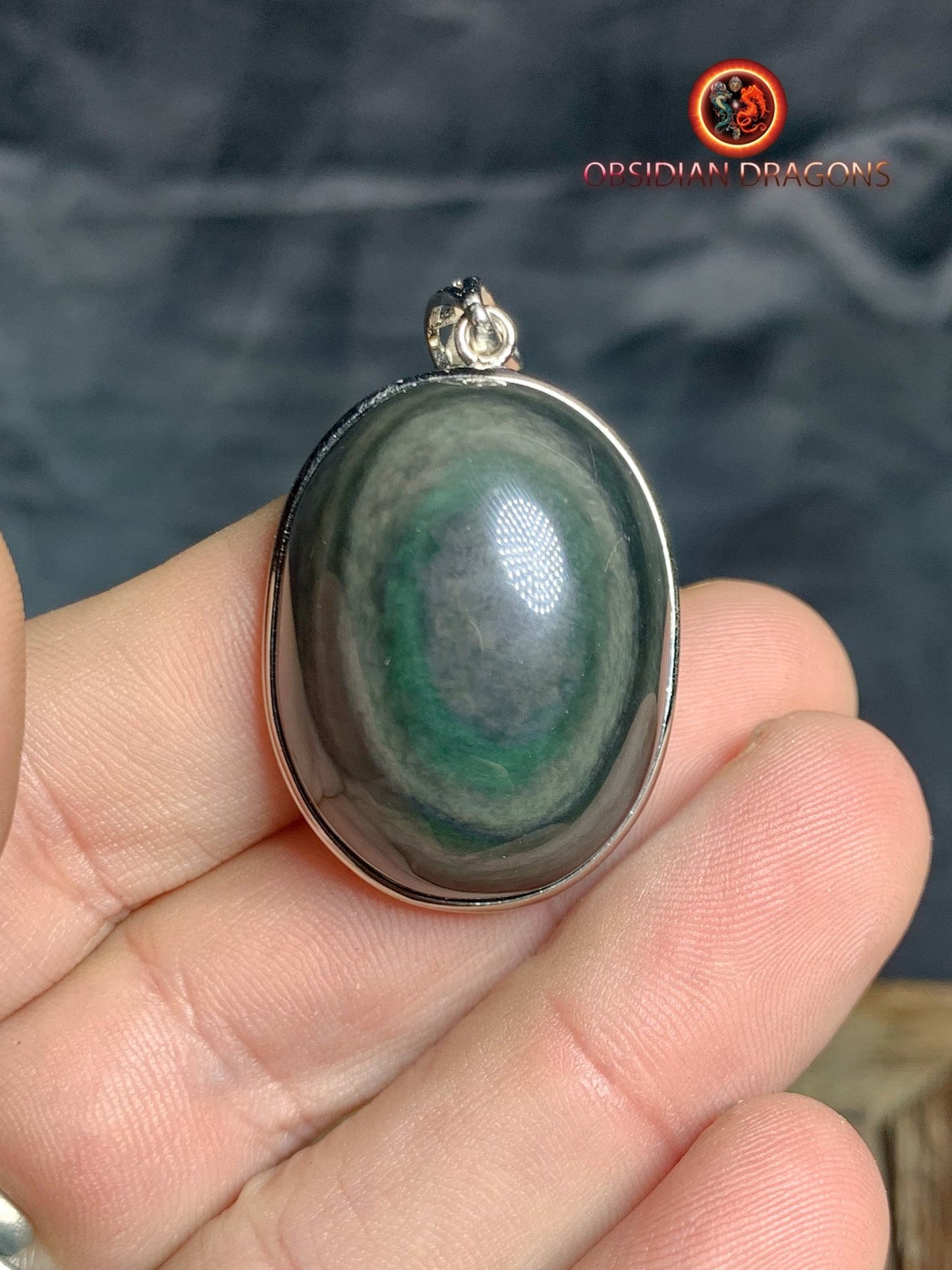 Pendentif, obsidienne oeil celeste naturelle, sertie en argent 925, pièce unique - obsidian dragon