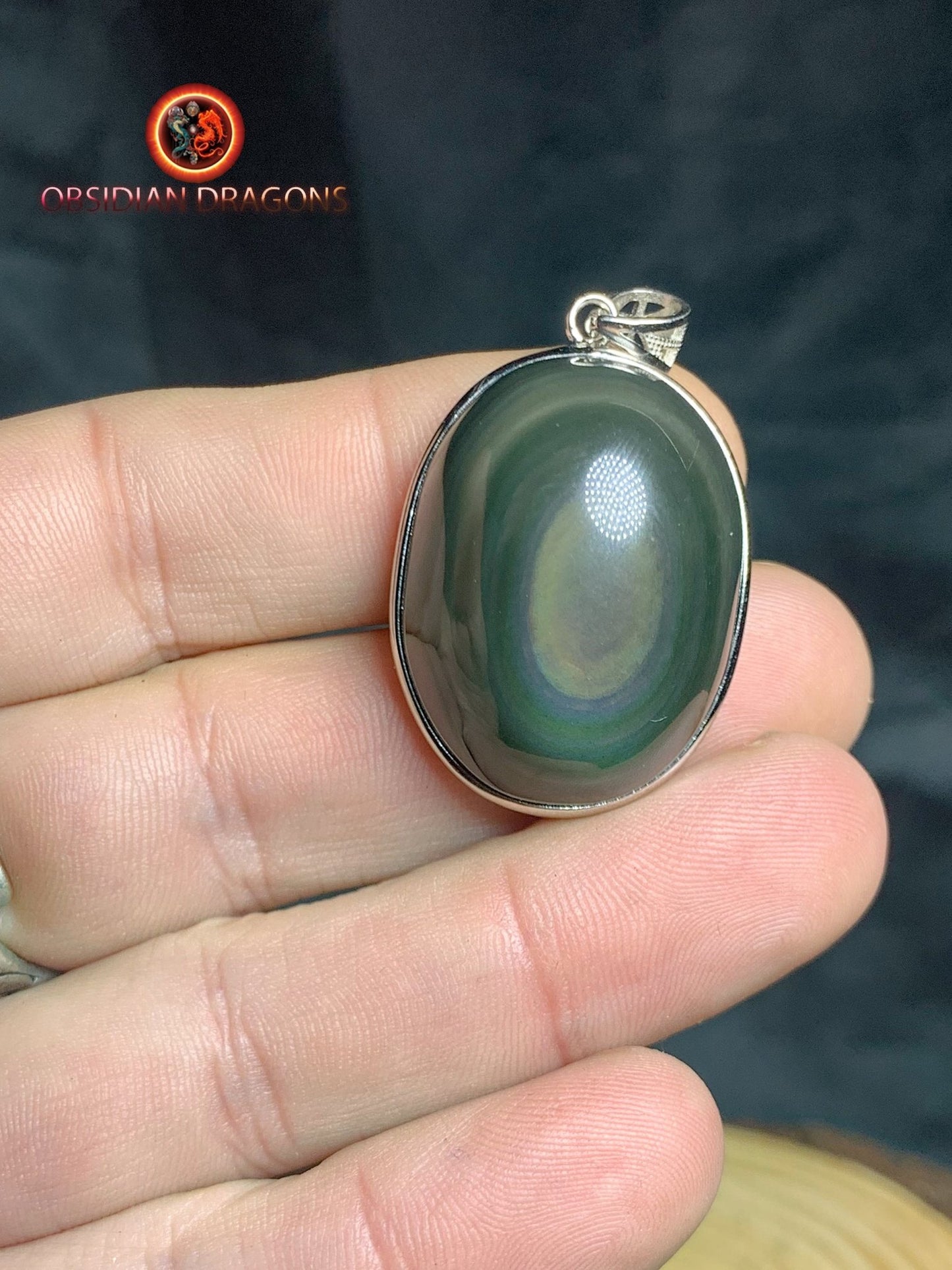Pendentif, obsidienne oeil celeste naturelle, sertie en argent 925, pièce unique - obsidian dragon