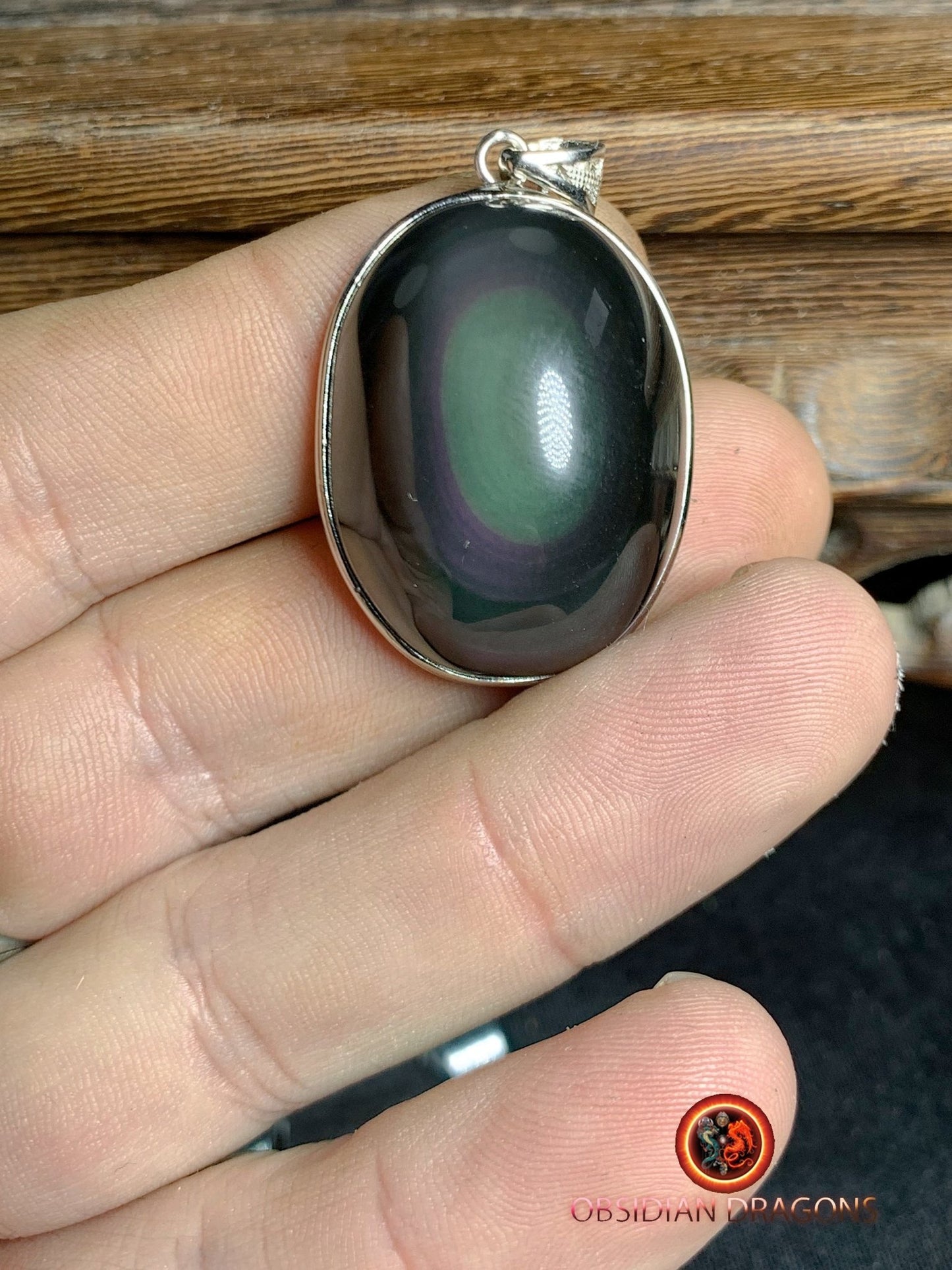 Pendentif, obsidienne oeil celeste naturelle, sertie en argent 925, pièce unique - obsidian dragon