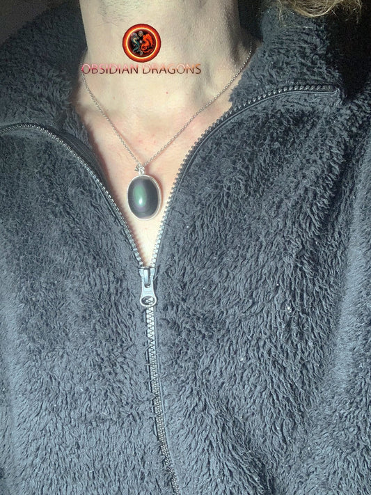 Pendentif, obsidienne oeil celeste naturelle, sertie en argent 925, pièce unique - obsidian dragon