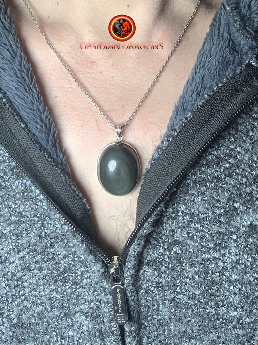 Pendentif, obsidienne oeil celeste naturelle, sertie en argent 925, pièce unique - obsidian dragon