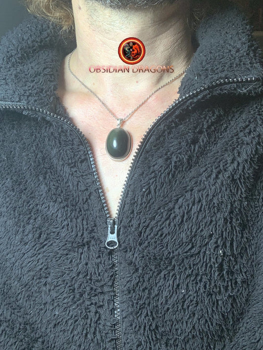 Pendentif, obsidienne oeil celeste naturelle, sertie en argent 925, pièce unique - obsidian dragon