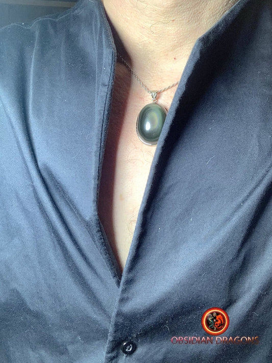 Pendentif, obsidienne oeil celeste naturelle, sertie en argent 925, pièce unique - obsidian dragon