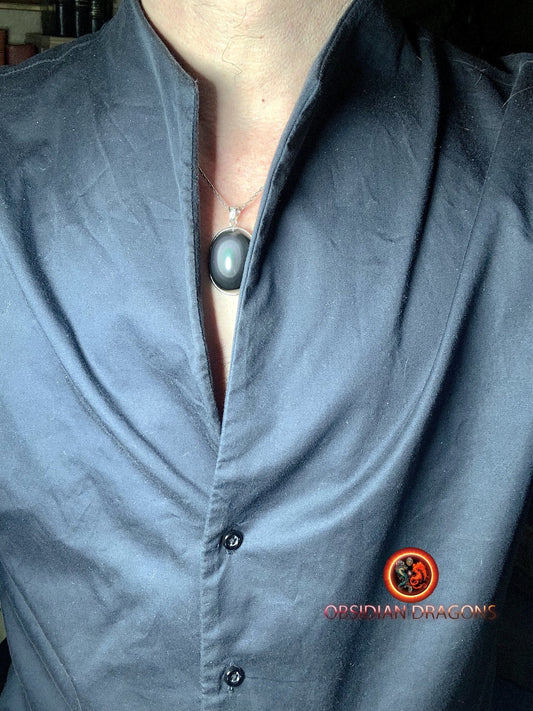 Pendentif, obsidienne oeil celeste naturelle, sertie en argent 925, pièce unique - obsidian dragon