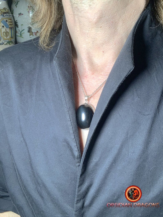 Pendentif, obsidienne oeil celeste naturelle, sertie en argent 925, pièce unique - obsidian dragon