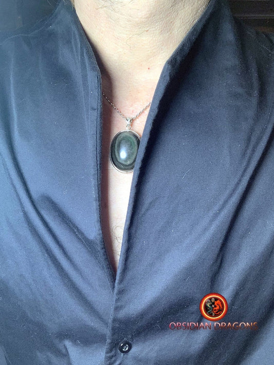 Pendentif, obsidienne oeil celeste naturelle, sertie en argent 925, pièce unique - obsidian dragon
