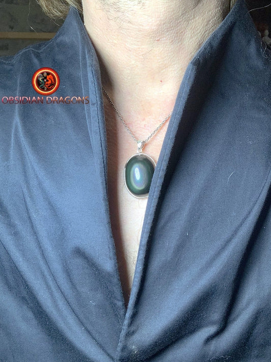 Pendentif, obsidienne oeil celeste naturelle, sertie en argent 925, pièce unique - obsidian dragon