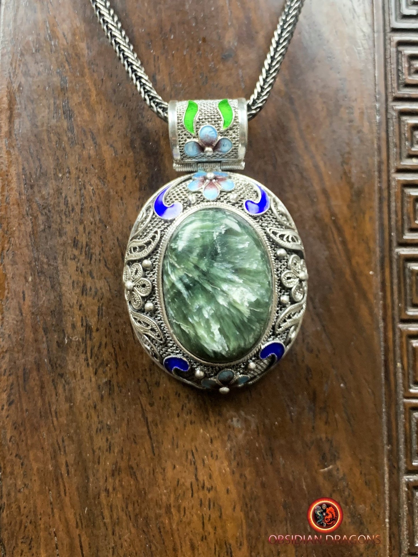 Pendentif en séraphinite- Argent 925- Traditionnel Qing | obsidian dragons
