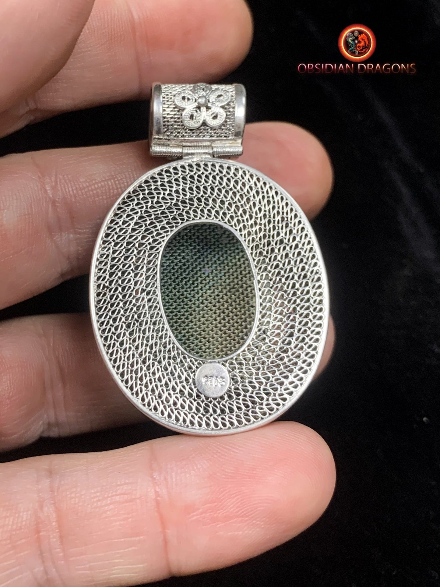 Pendentif en séraphinite- Argent- Traditionnel Dynastie Qing | obsidian dragons