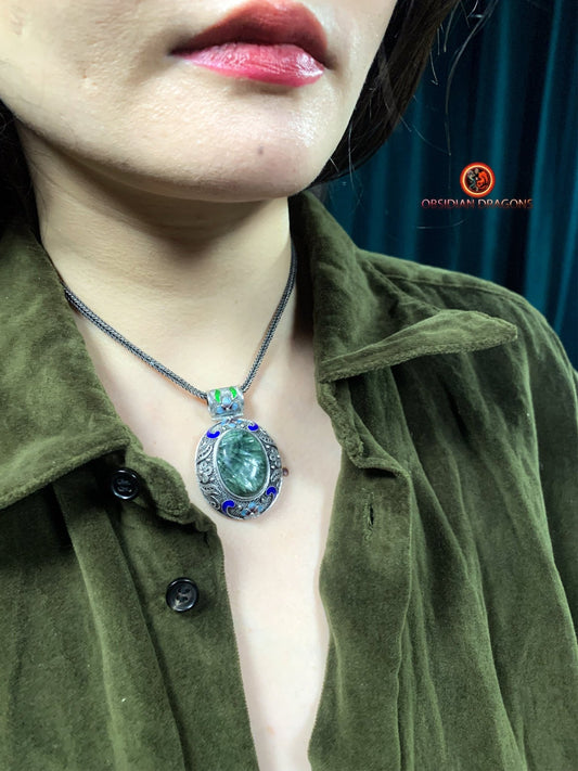 Pendentif en séraphinite- Argent 925- Traditionnel Qing | obsidian dragons
