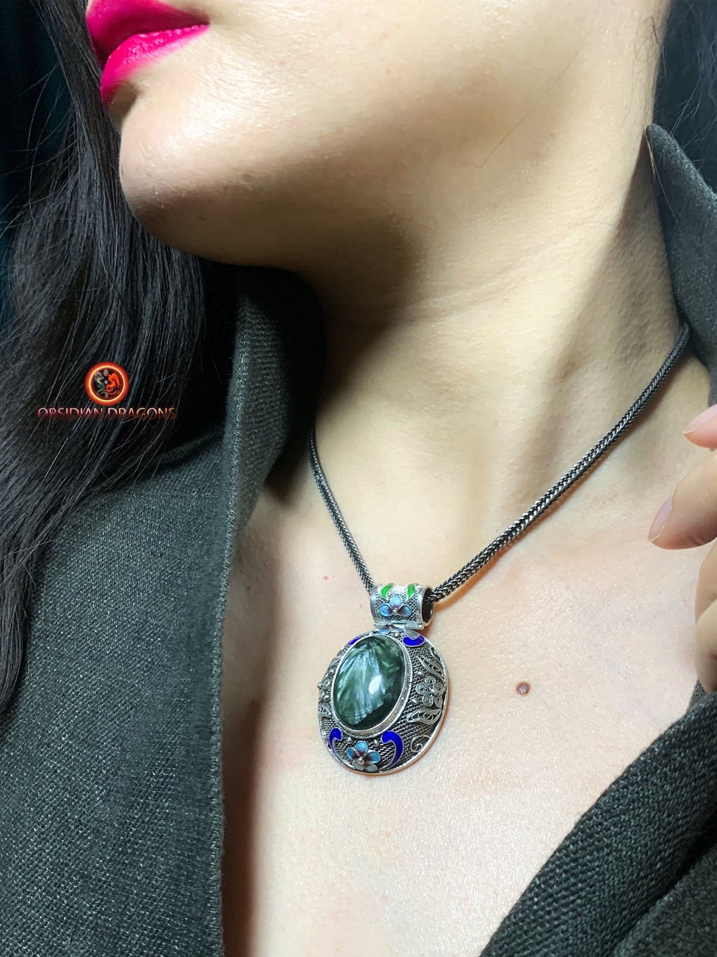 Pendentif en séraphinite- Argent filigrané- Traditionnel | obsidian dragons