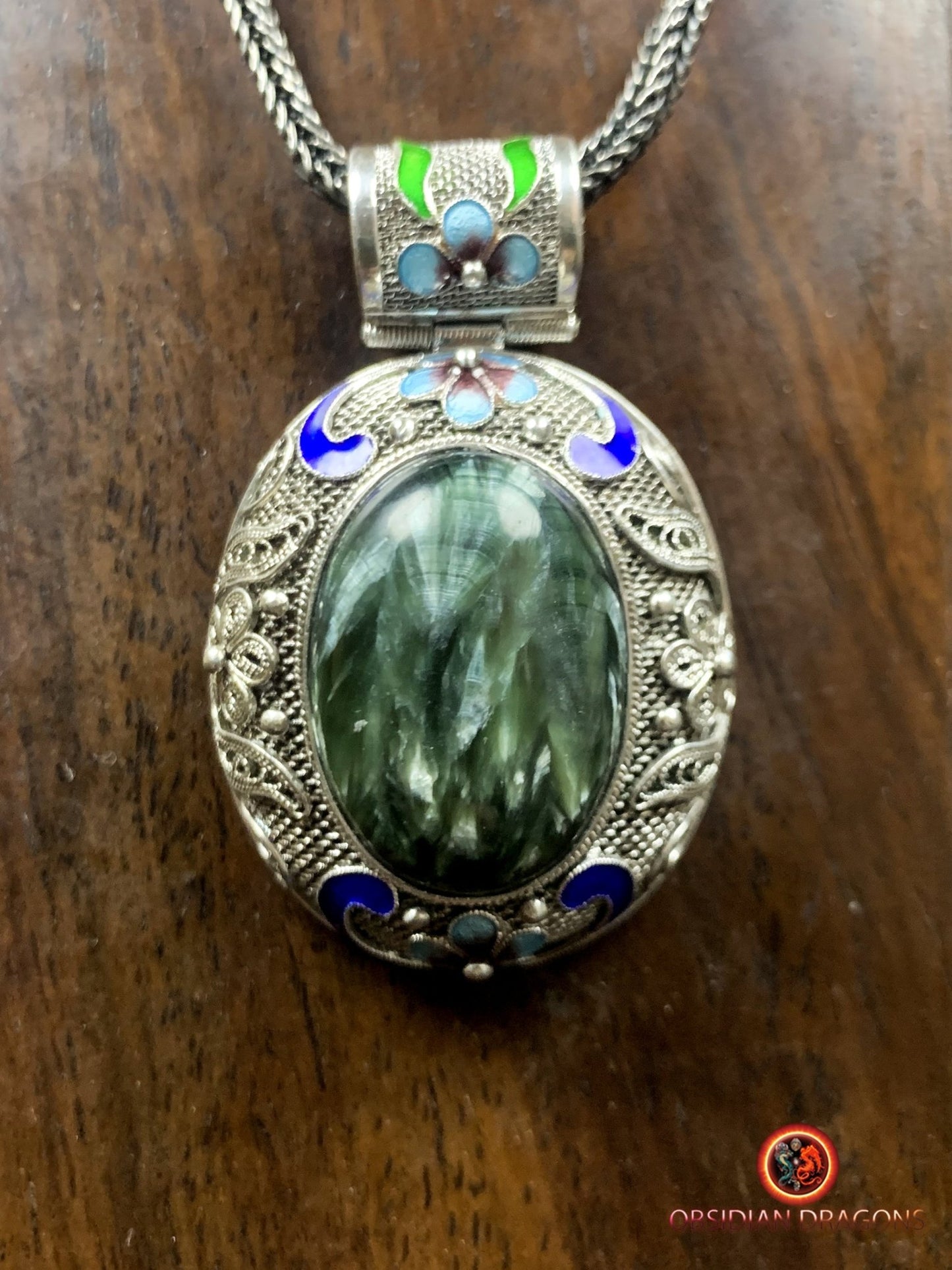 Pendentif en séraphinite- Argent- Traditionnel Dynastie Qing | obsidian dragons